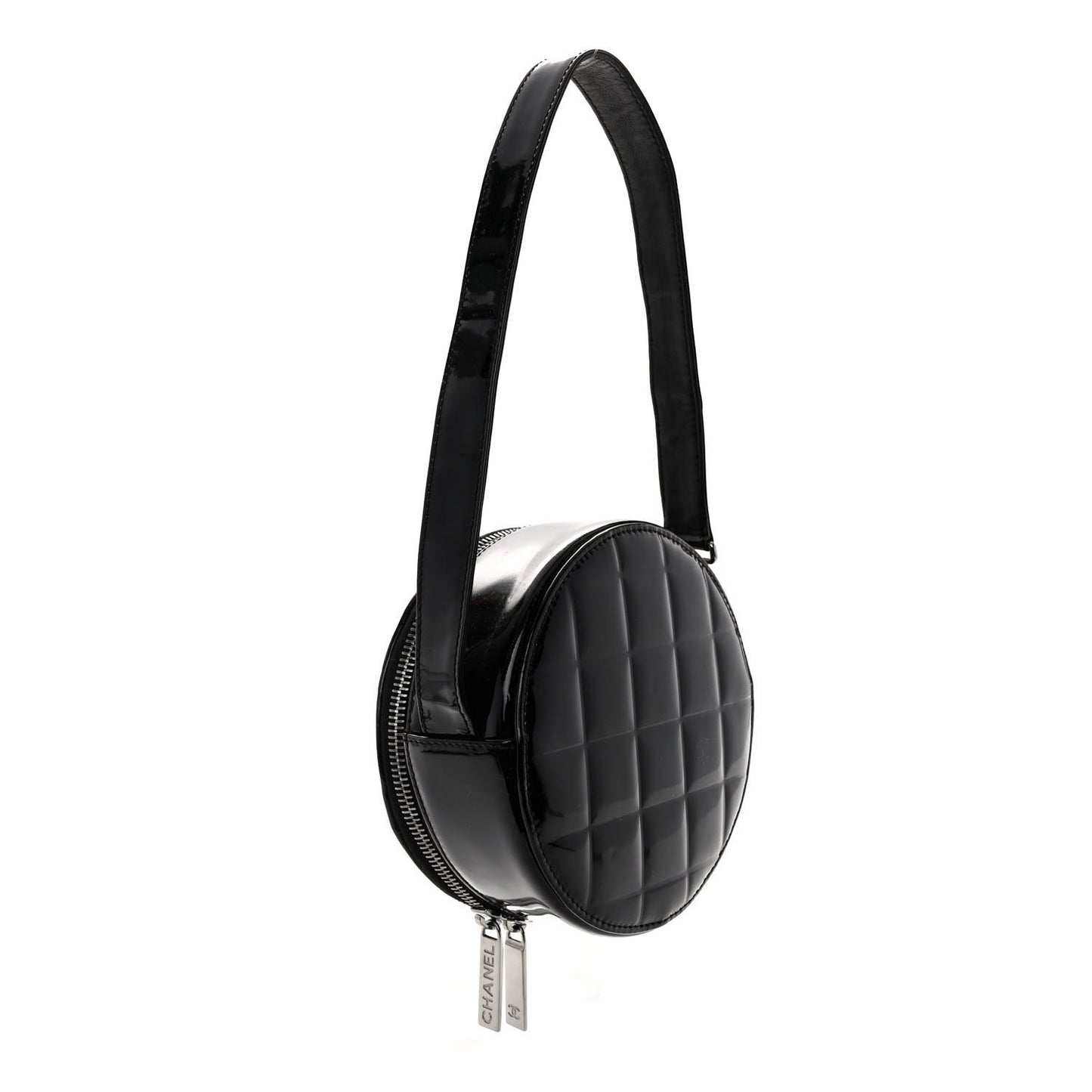Patent Quilted CC Chocolate Bar Round Shoulder Bag Black