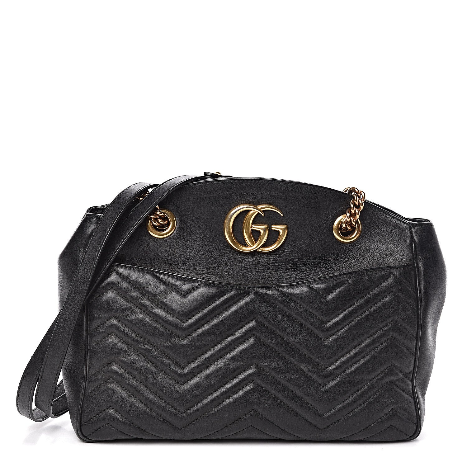 Gucci Calfskin Matelasse Medium GG Marmont Open Top Shoulder Bag Black 1 of 12