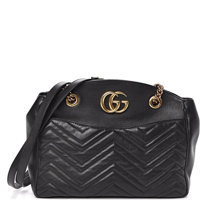 Gucci Calfskin Matelasse Medium GG Marmont Open Top Shoulder Bag Black 1 of 12