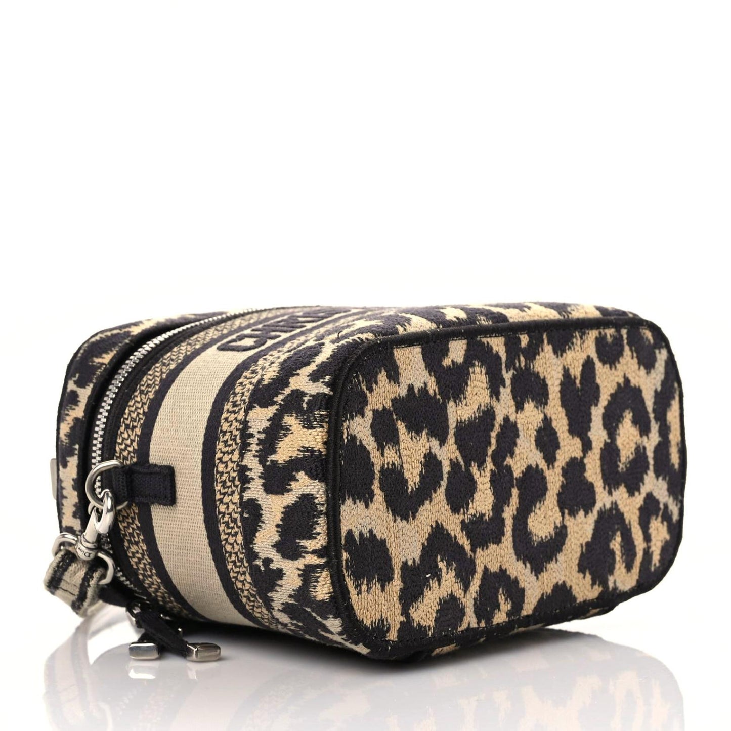 Canvas Mizza Embroidered Small Leopard Travel Vanity Case Beige