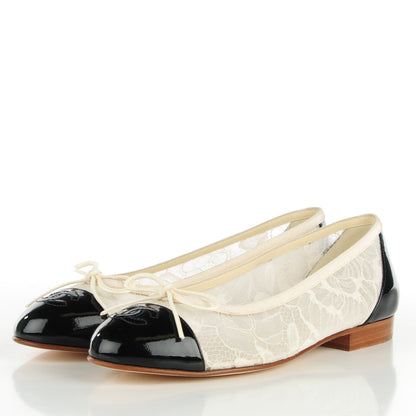 Chanel Lace Patent Calfskin Cap Toe CC Ballerina Flats 37 Off White Black 3 of 7