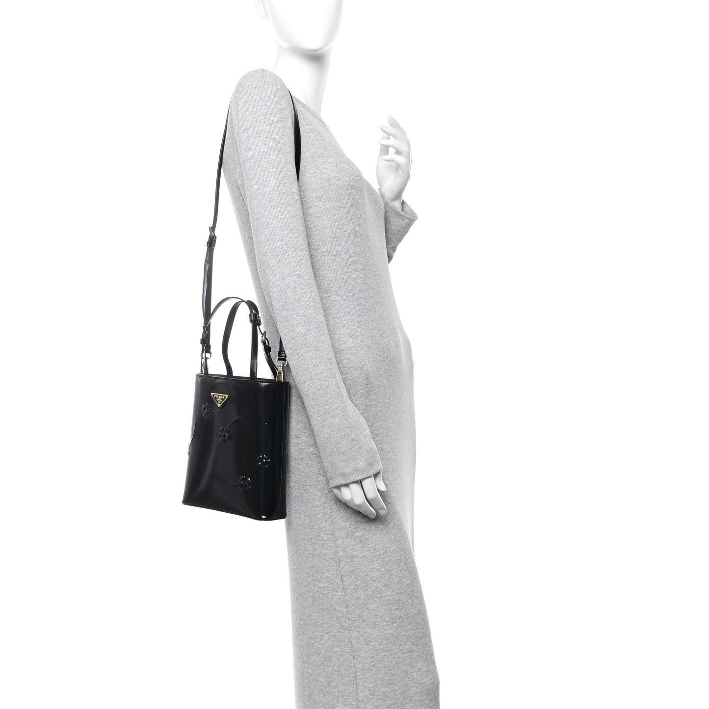 Spazzolato Floral Embossed Metal Triangle Logo Tote Black
