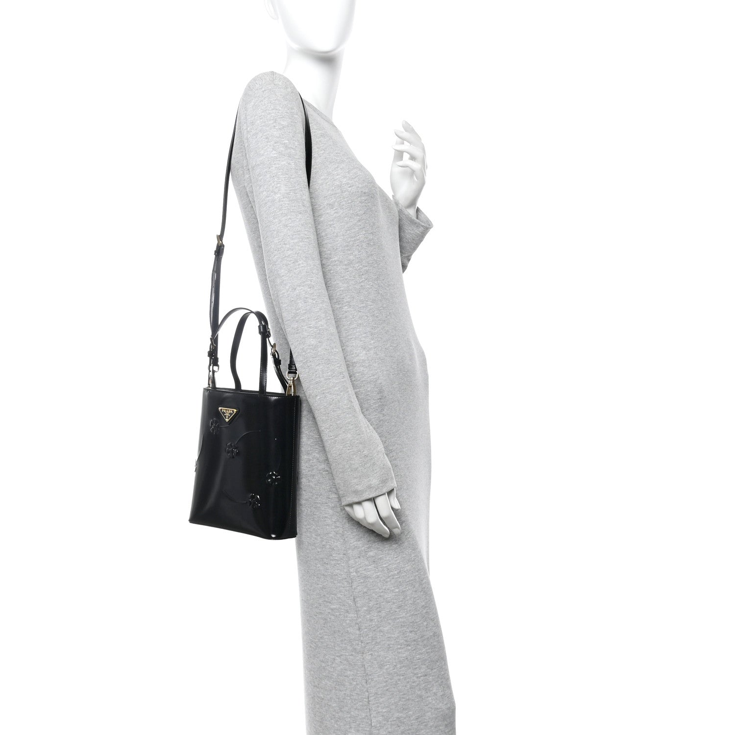 Prada Spazzolato Floral Embossed Metal Triangle Logo Tote Black 2 of 9