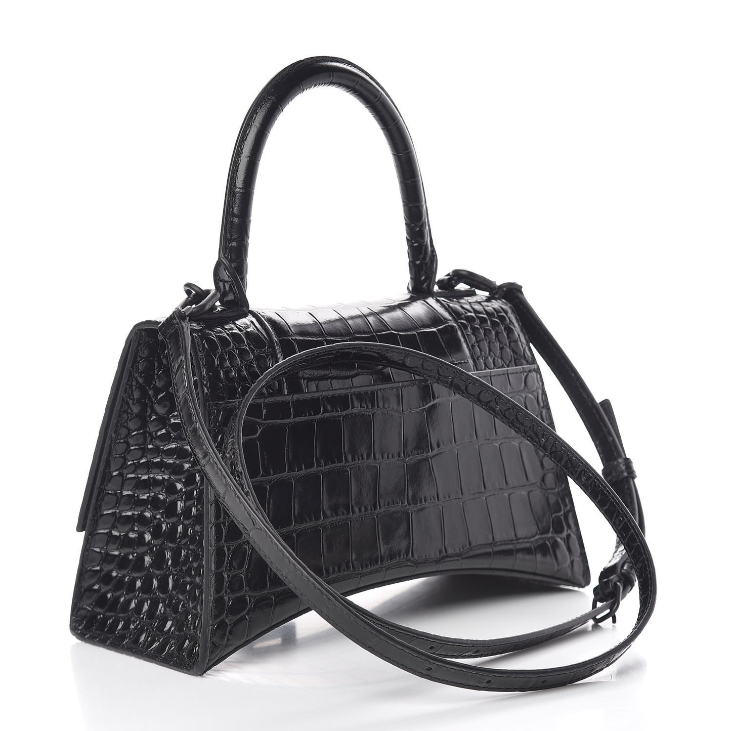 Shiny Calfskin Monochrome Crocodile Embossed Small Hourglass Top Handle Bag Black