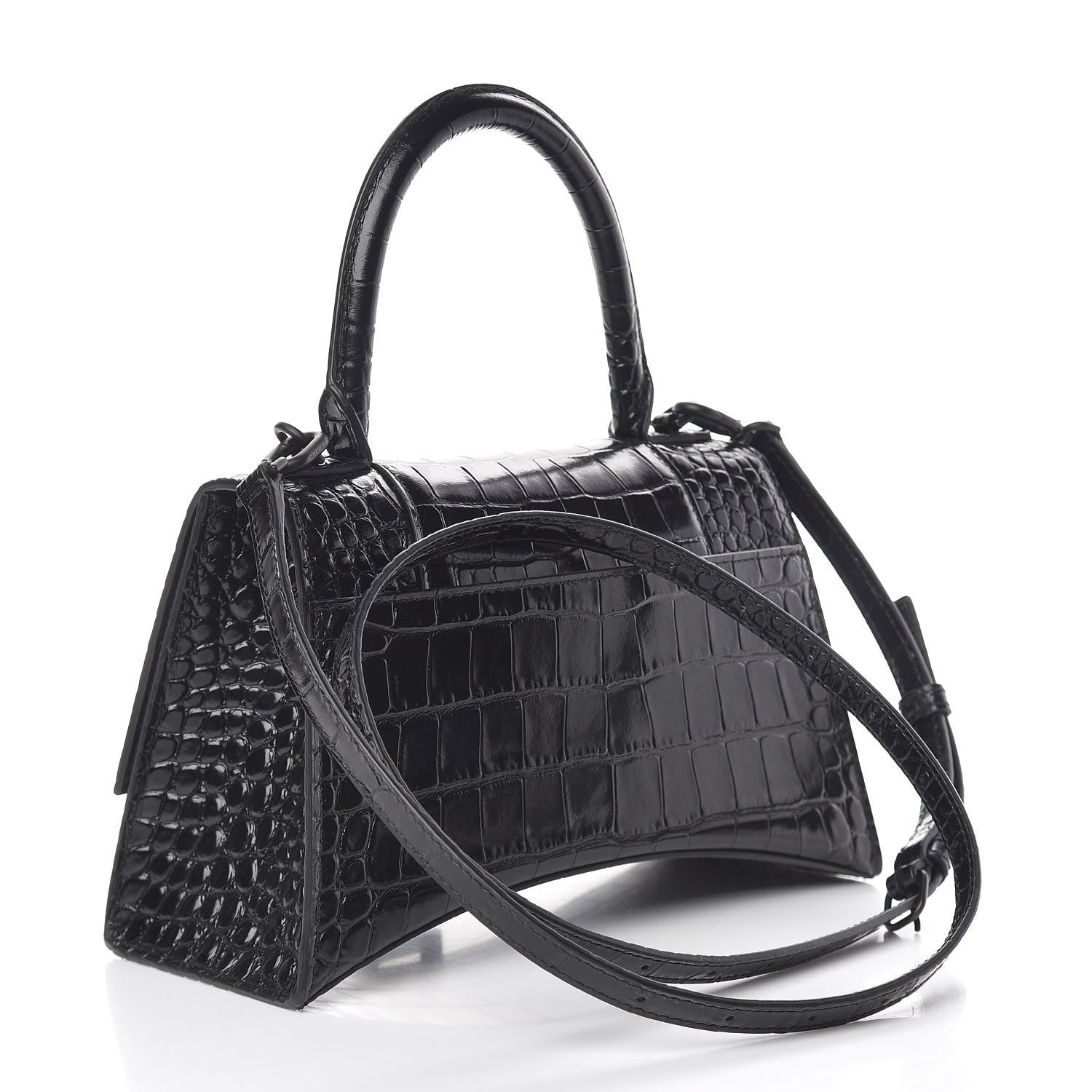 Balenciaga Shiny Calfskin Monochrome Crocodile Embossed Small Hourglass Top Handle Bag Black 3 of 12