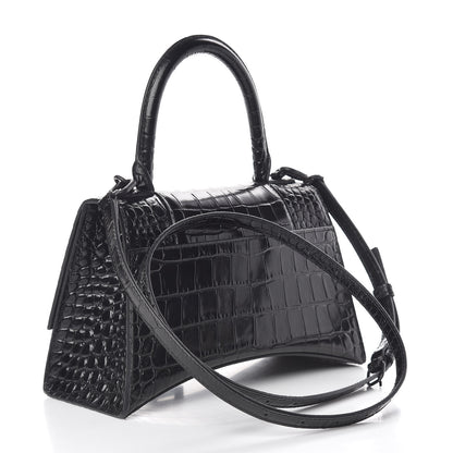 Balenciaga Shiny Calfskin Monochrome Crocodile Embossed Small Hourglass Top Handle Bag Black 3 of 12