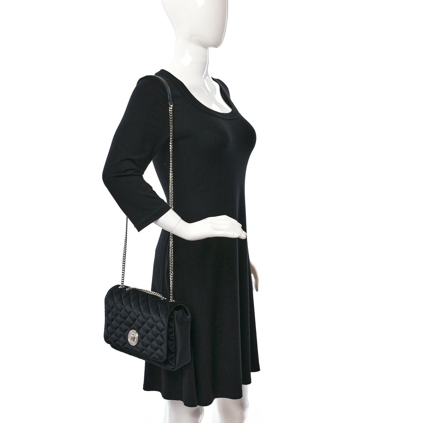 Calfskin Nylon Quilted Medusa Chain Crossbody Black