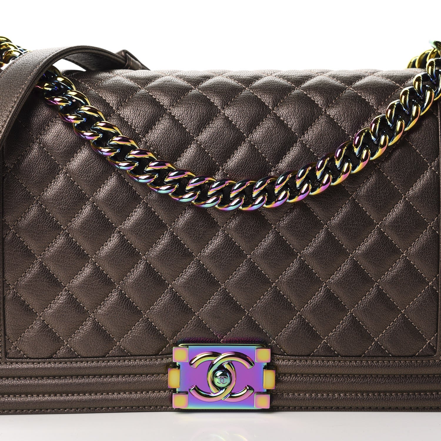 Chanel Iridescent Goatskin Quilted New Medium Boy Flap Dark Gold 10 of 10