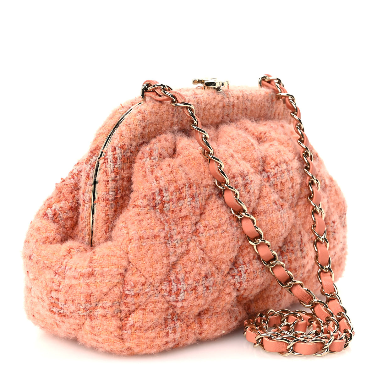Wool Tweed Quilted CC Kisslock Clutch Coral Pink