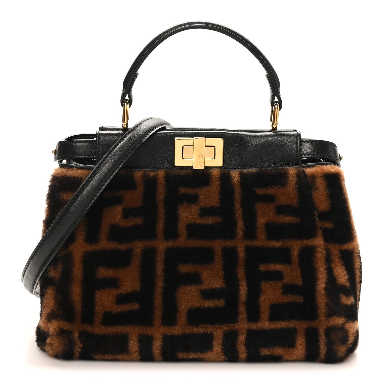 Fendi Shearling Nappa Macro FF 1974 Mini Peekaboo Iconic Satchel Tobacco Black 1 of 9