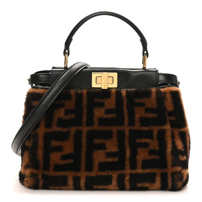 Fendi Shearling Nappa Macro FF 1974 Mini Peekaboo Iconic Satchel Tobacco Black 1 of 9