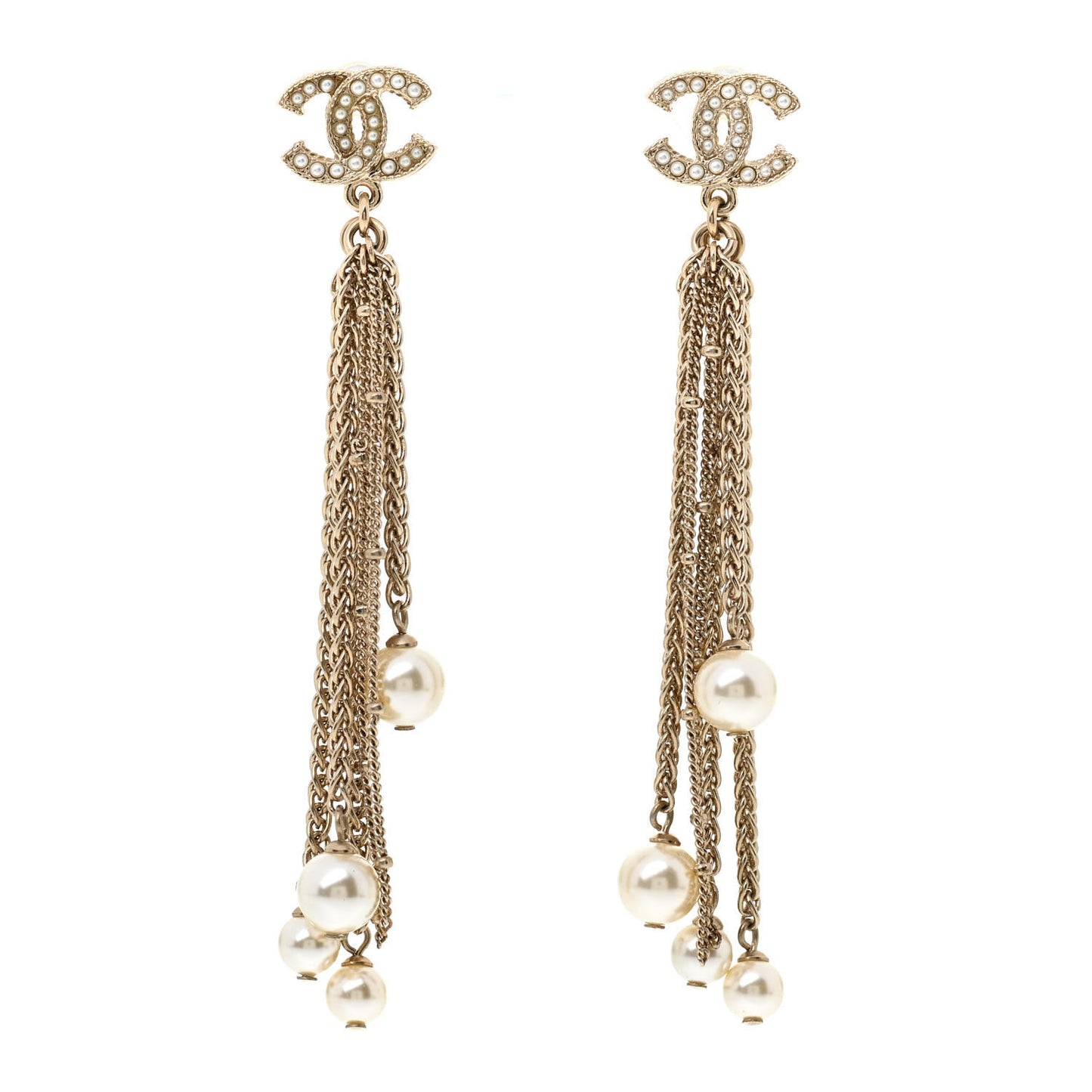 Glass Pearl CC Long Drop Earrings Gold
