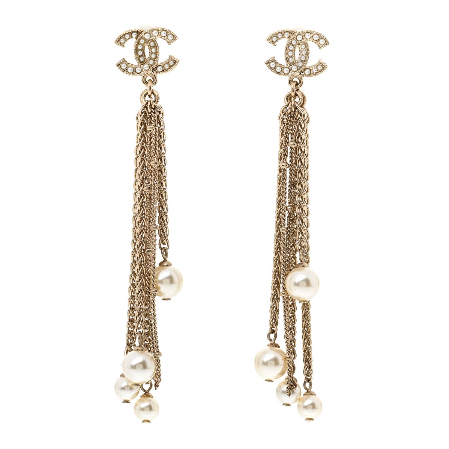 Chanel Glass Pearl CC Long Drop Earrings Gold 1 of 4