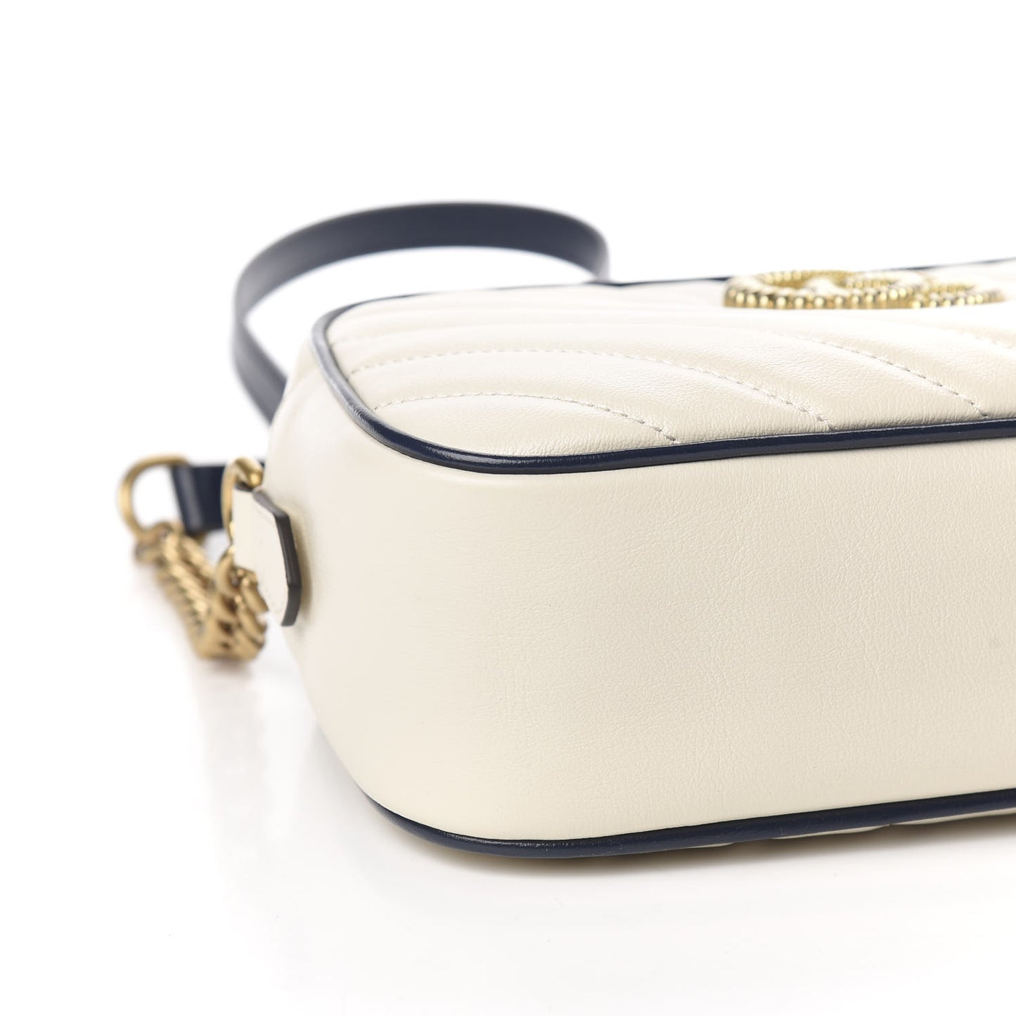 Vintage Effect Calfskin Matelasse Diagonal Small Torchon GG Marmont Chain Shoulder Bag Mystic White Blue Agata