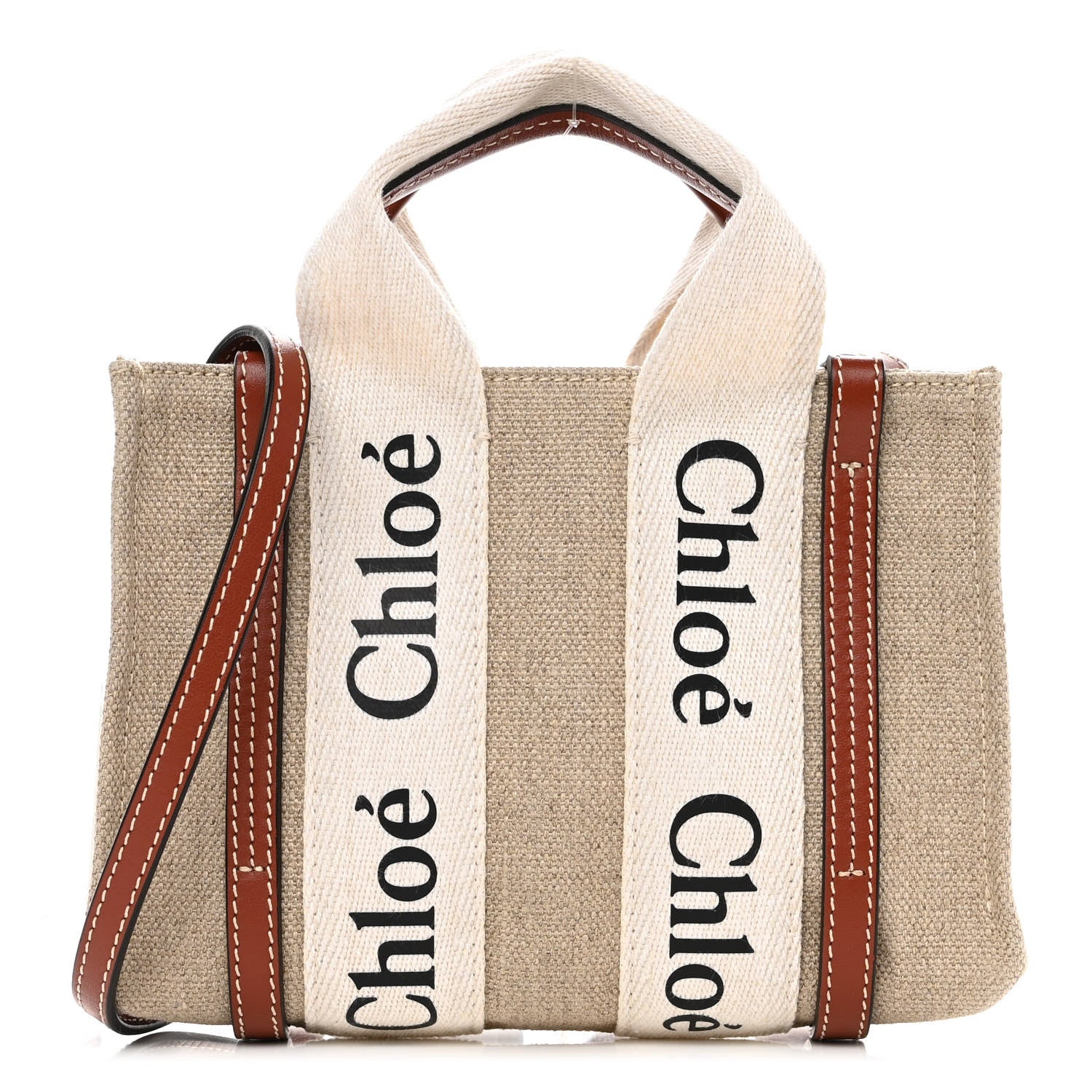 Chloe Cotton Calfskin Mini Woody Ribbon Tote White Brown 1 of 9
