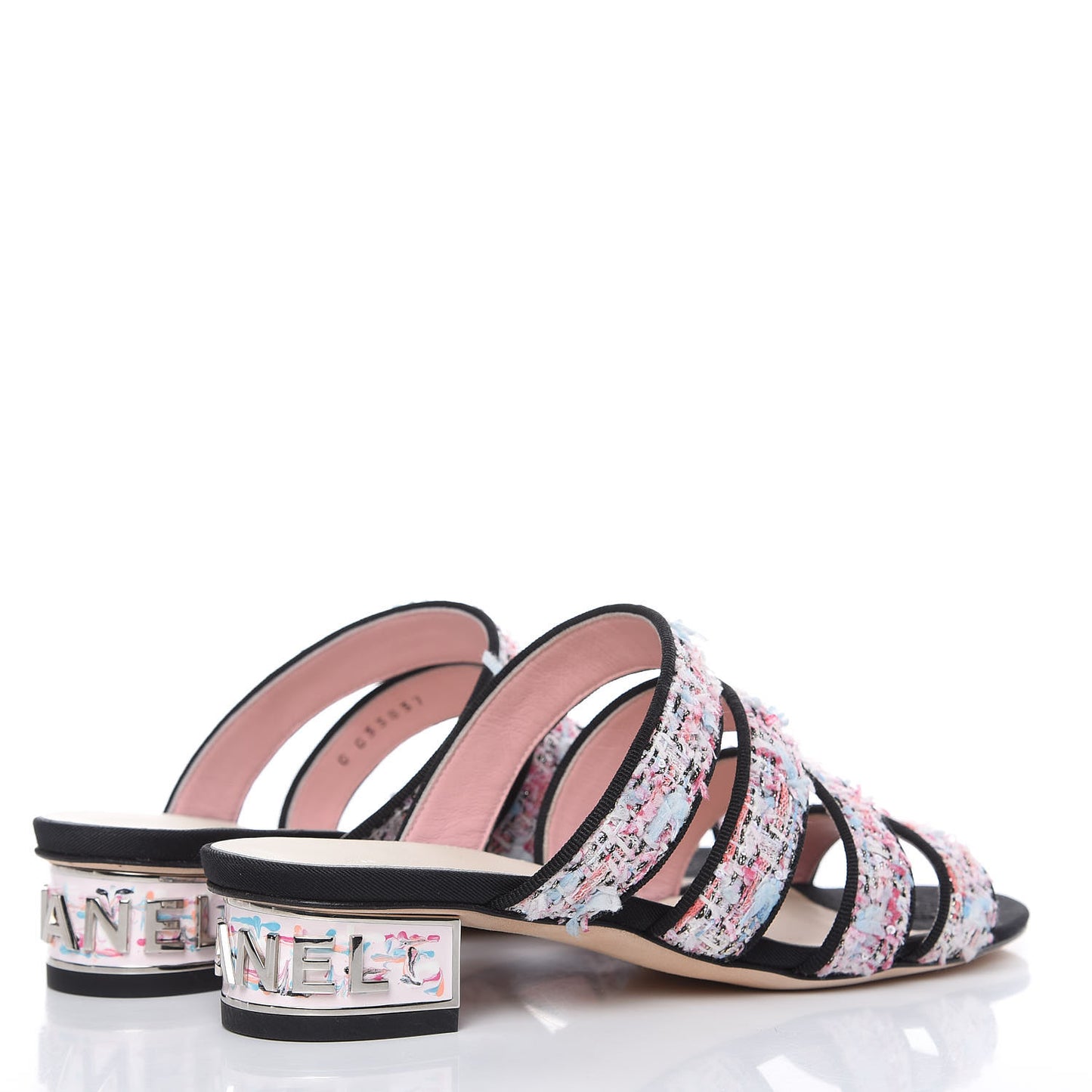 Tweed Grosgrain Sandals 35.5 Black Blue Pink