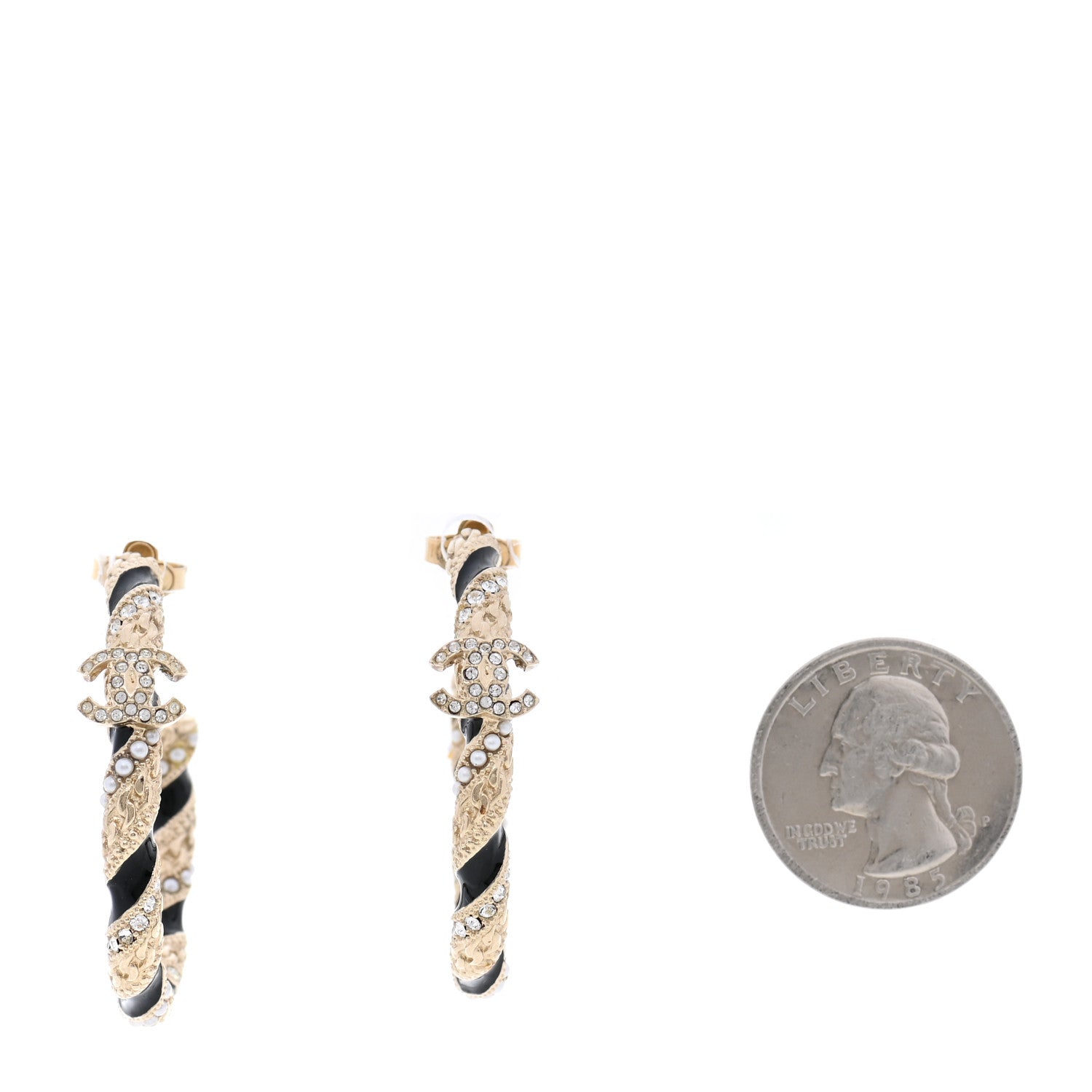 Chanel Crystal Pearl Twist CC Hoop Earrings Gold Black 2 of 4