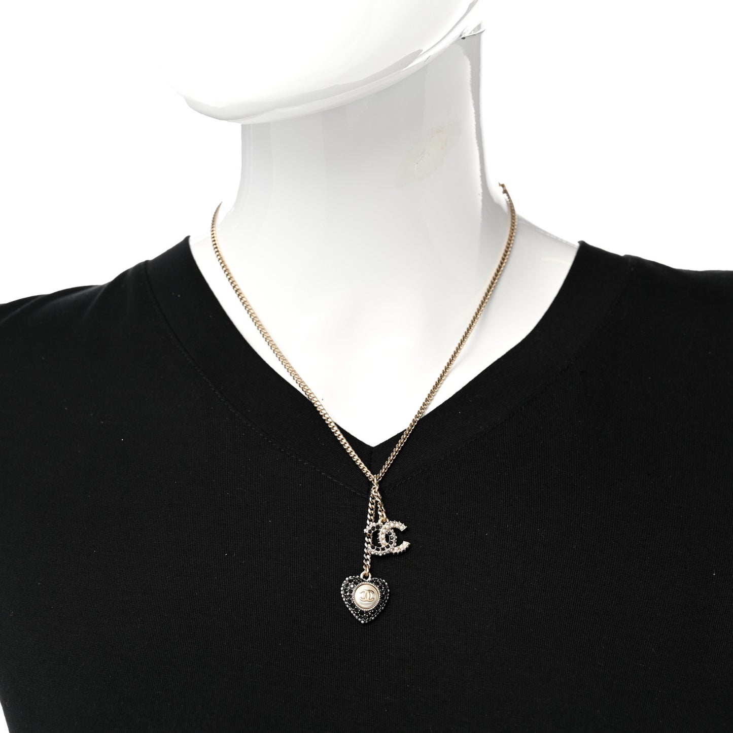 Crystal CC Heart Necklace Black Pearly White Gold