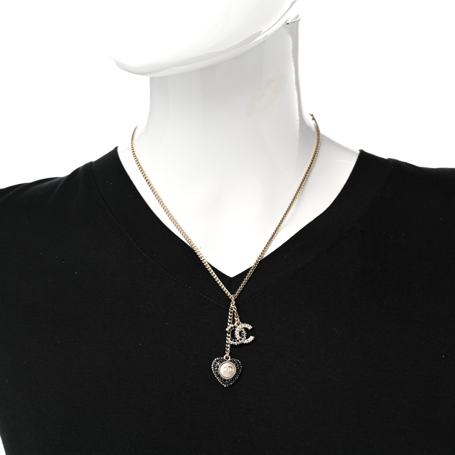 Chanel Crystal CC Heart Necklace Black Pearly White Gold 2 of 7