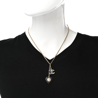 Chanel Crystal CC Heart Necklace Black Pearly White Gold 2 of 7