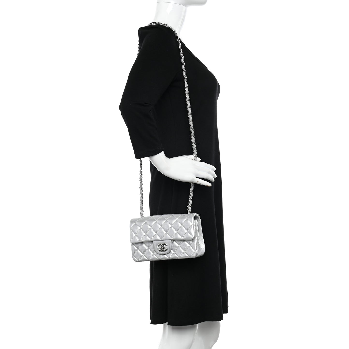 Metallic Lambskin Quilted Mini Rectangular Flap Silver