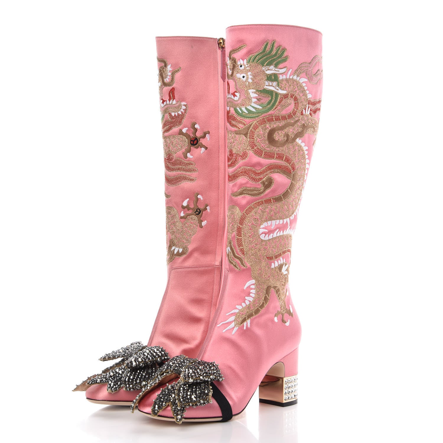Gucci Silk Satin Malaga Kid Embroidered Candy Dragon Block-Heel Knee Boot 38 Glossy Pink 5 of 12