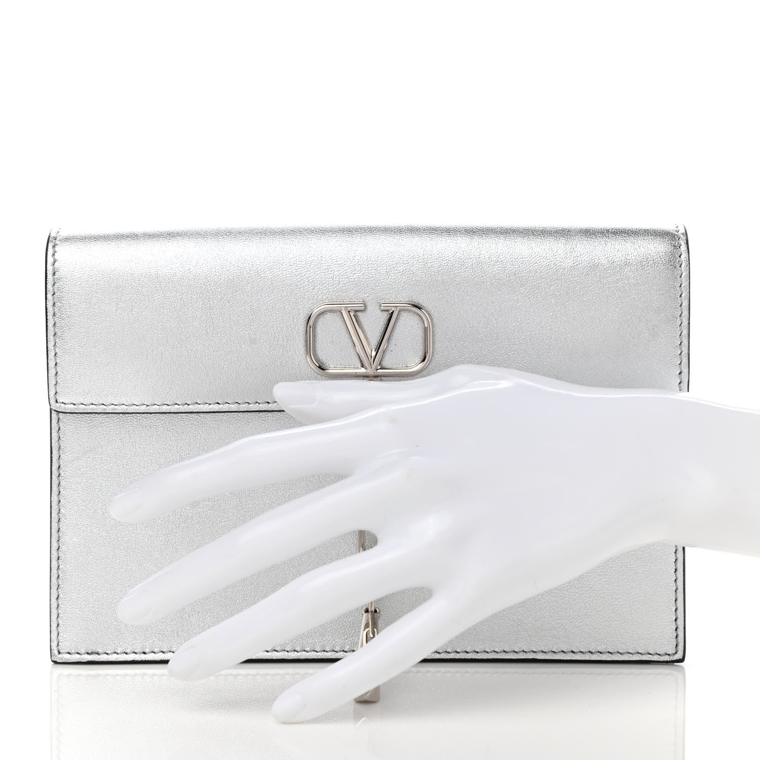 Valentino Garavani Metallic Calfskin Large Vlogo Escape Clutch Silver 2 of 10