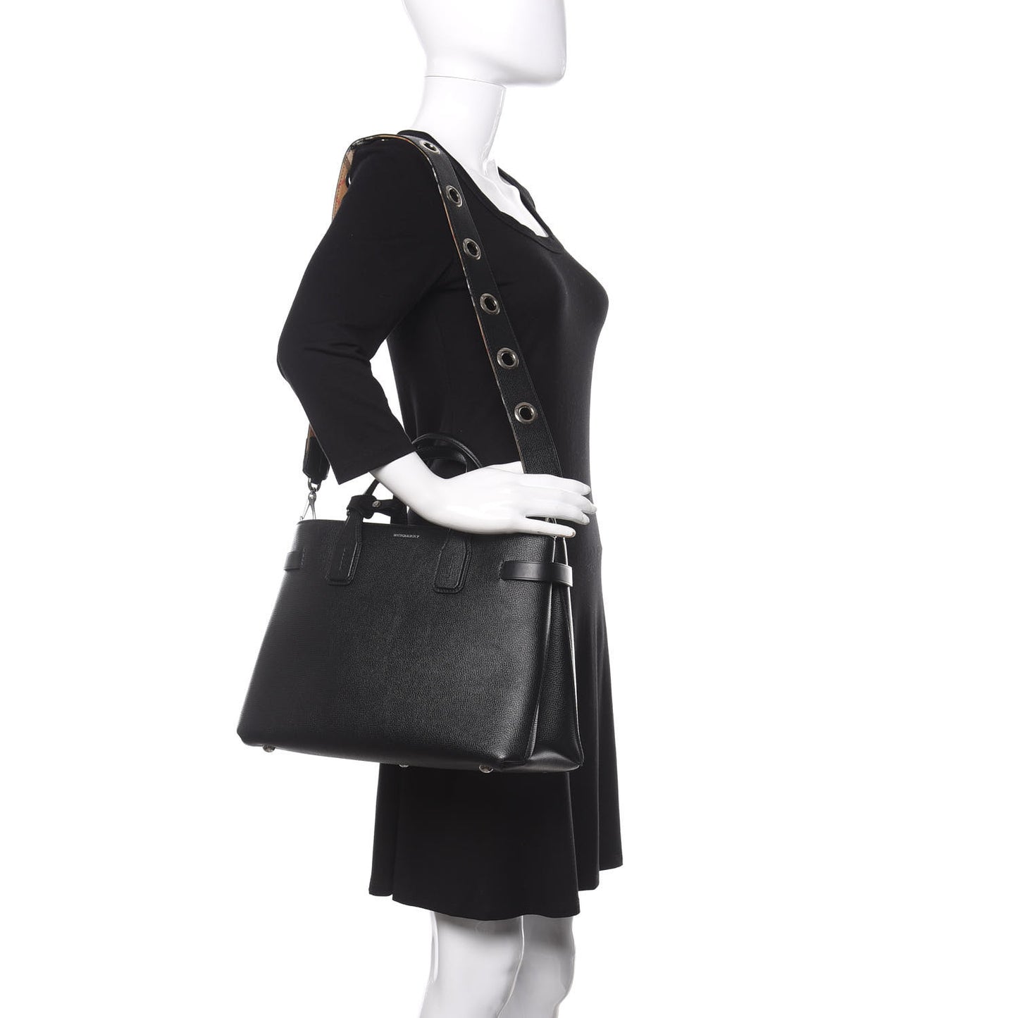 Grainy Calfskin House Check Medium Banner Tote Black