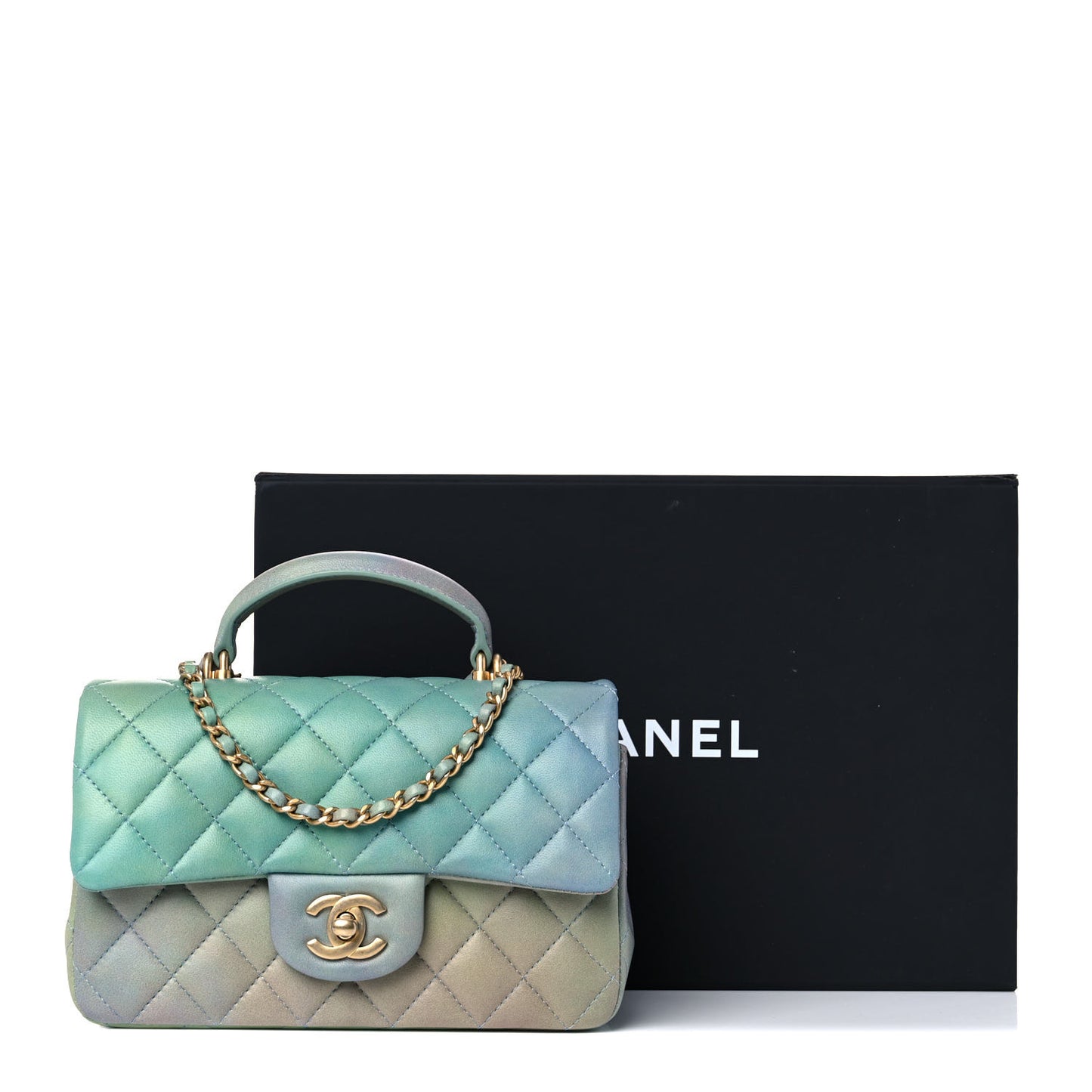 Lambskin Quilted Ombre Mini Top Handle Rectangular Flap Blue Green