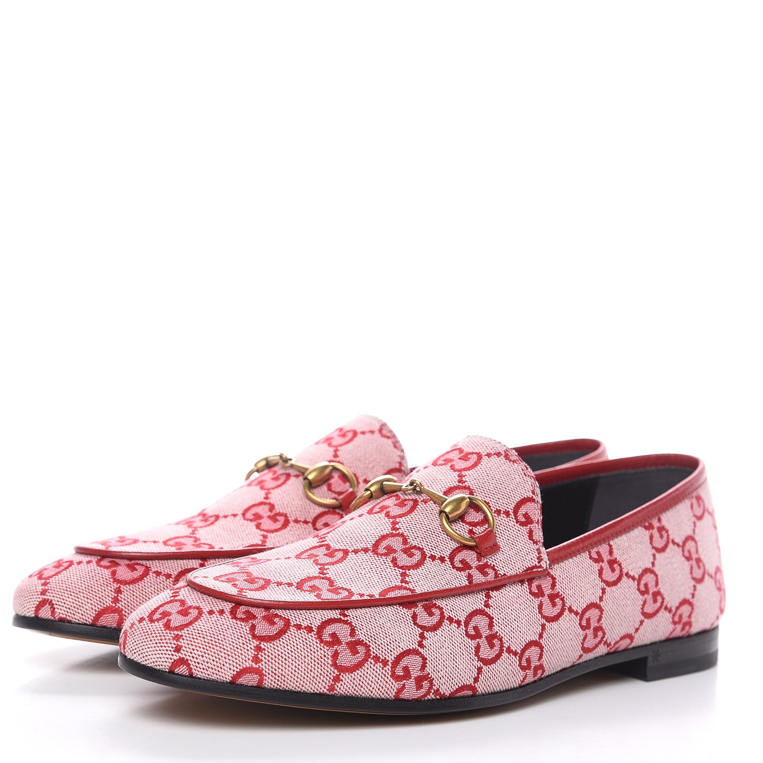 Gucci Canvas GG Monogram Horsebit Womens Jordaan Loafers 37.5 Gardenia Hibiscus Red 3 of 9