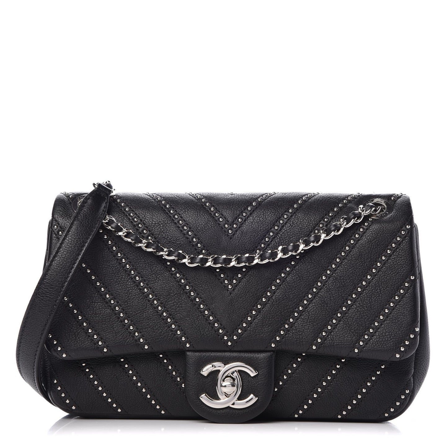 Calfskin Studded Chevron Quilted Wars Flap Black