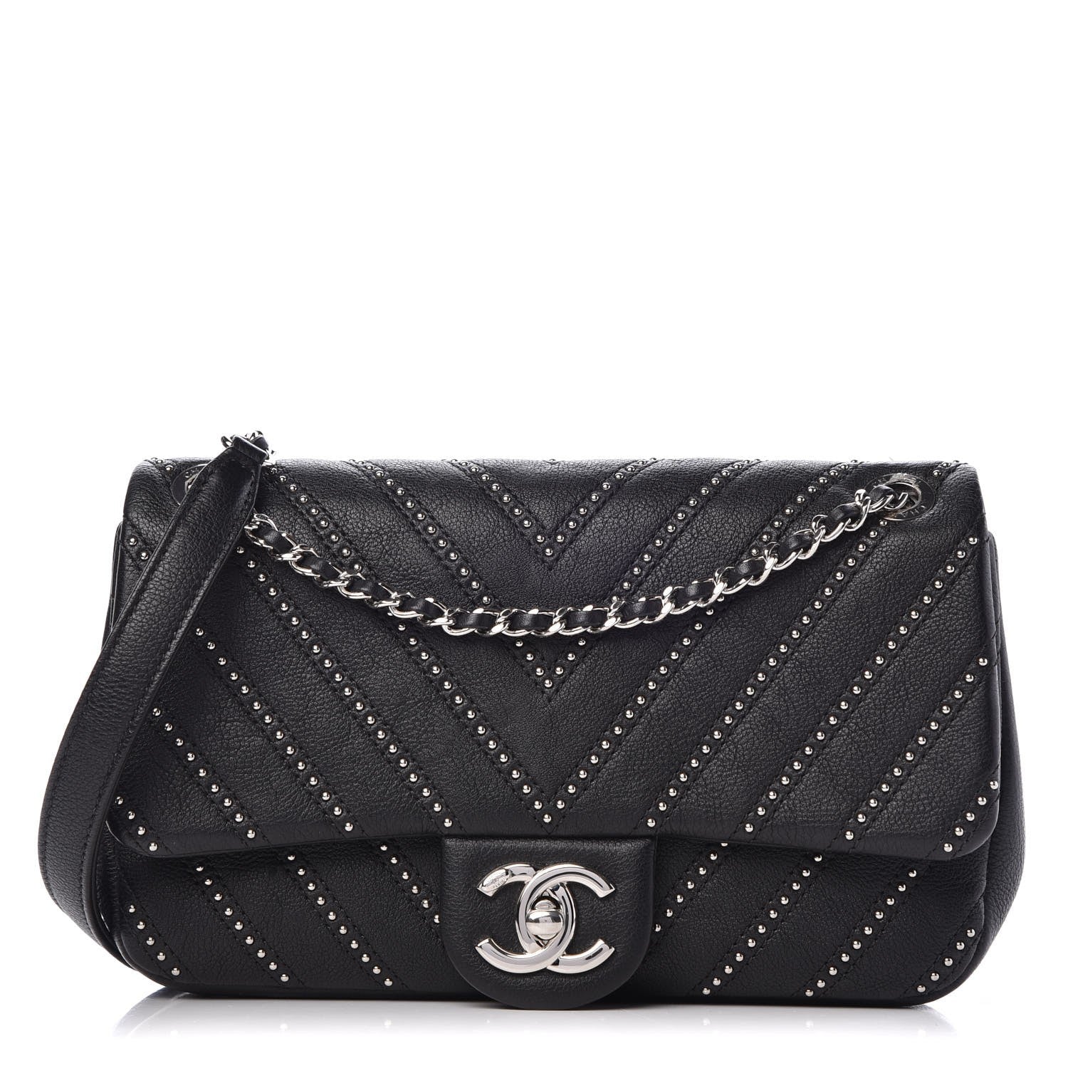 Chanel Calfskin Studded Chevron Quilted Wars Flap Black 1 of 10