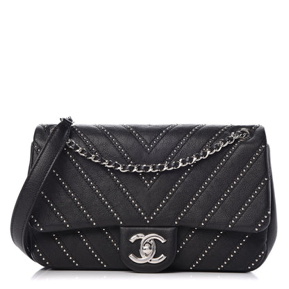 Chanel Calfskin Studded Chevron Quilted Wars Flap Black 1 of 10