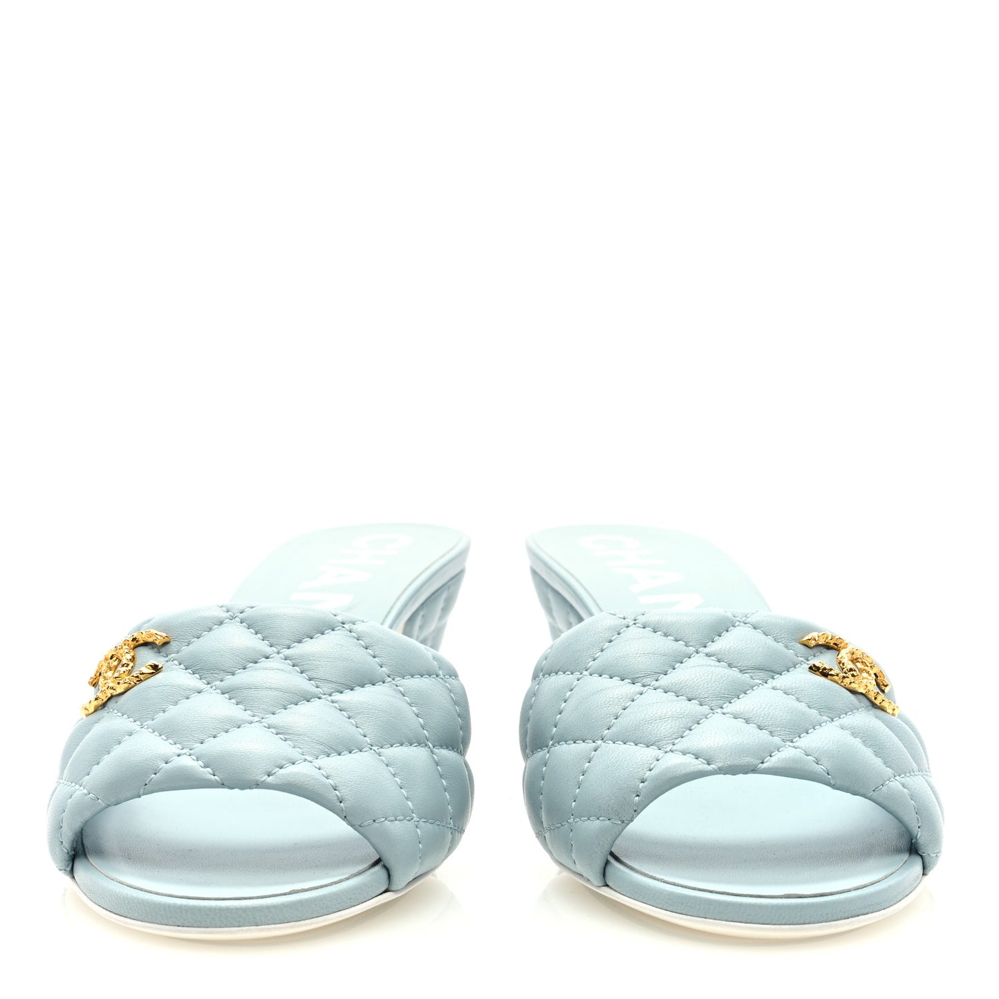 Lambskin Quilted Textured CC Mules 38.5 Light Blue