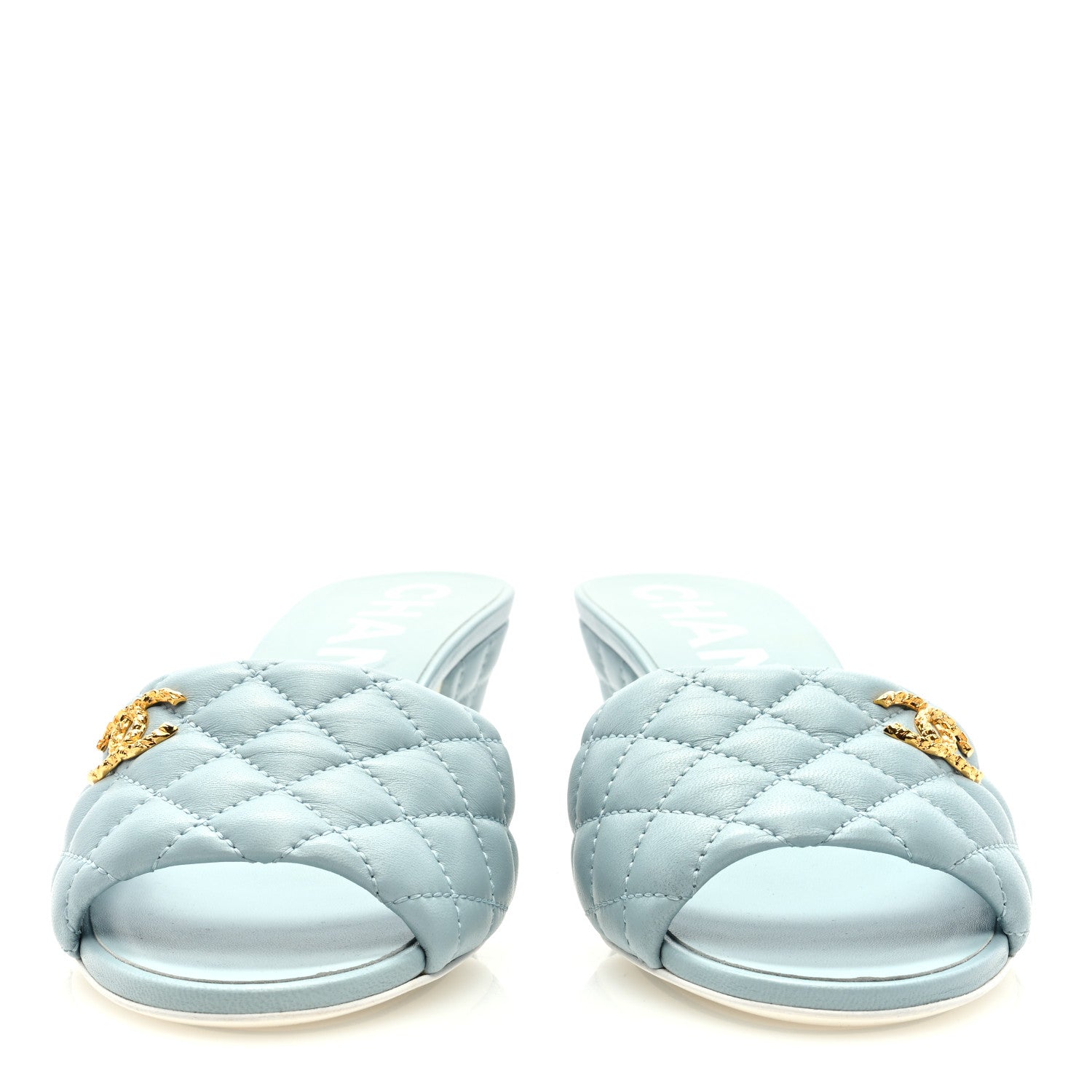 Chanel Lambskin Quilted Textured CC Mules 38.5 Light Blue 3 of 8