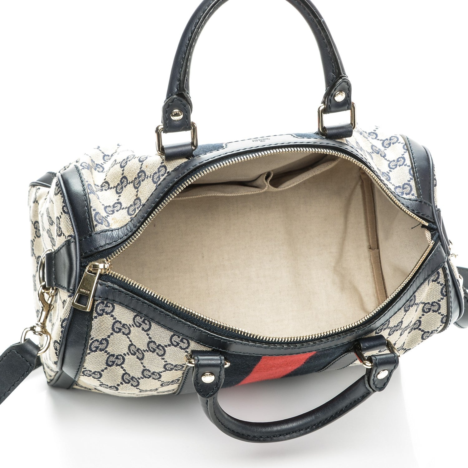 Gucci Monogram Selleria Calfskin Vintage Web Medium Boston Beige Blue 5 of 9