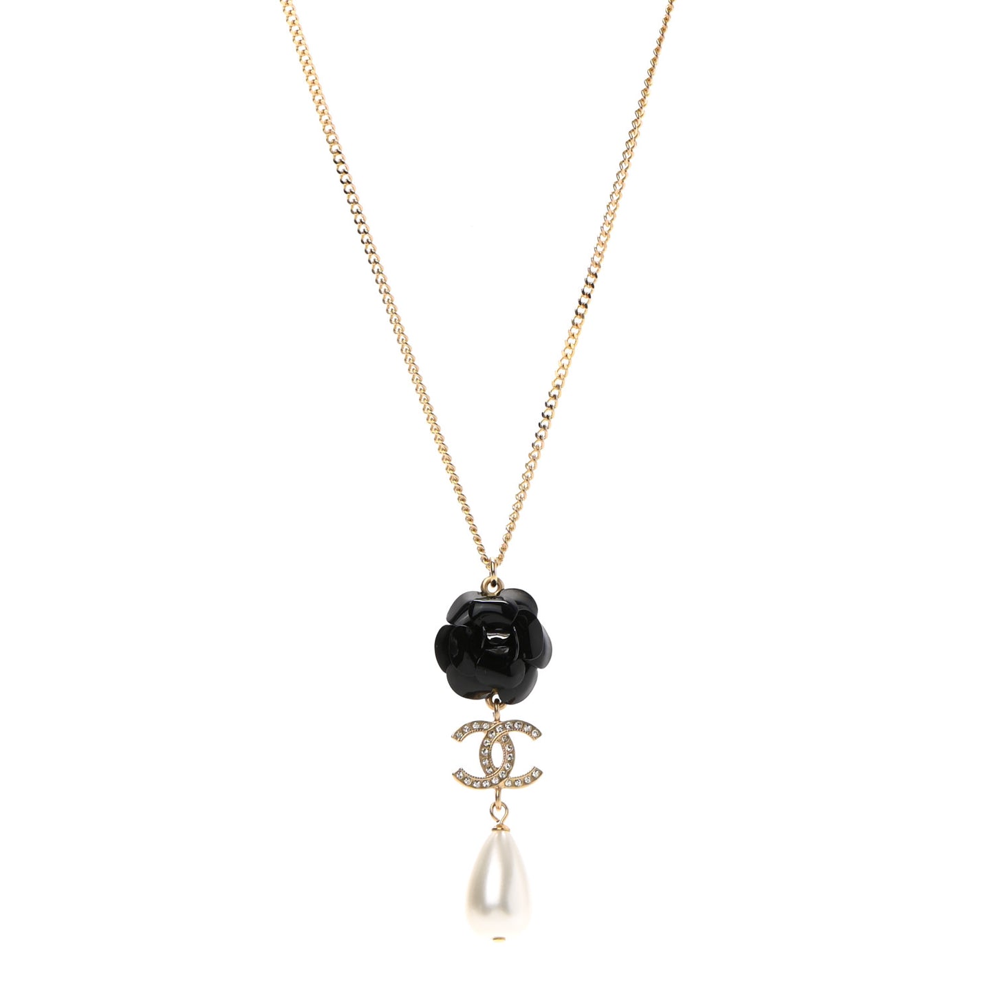 Enamel Crystal Pearl CC Camellia Necklace Gold Black