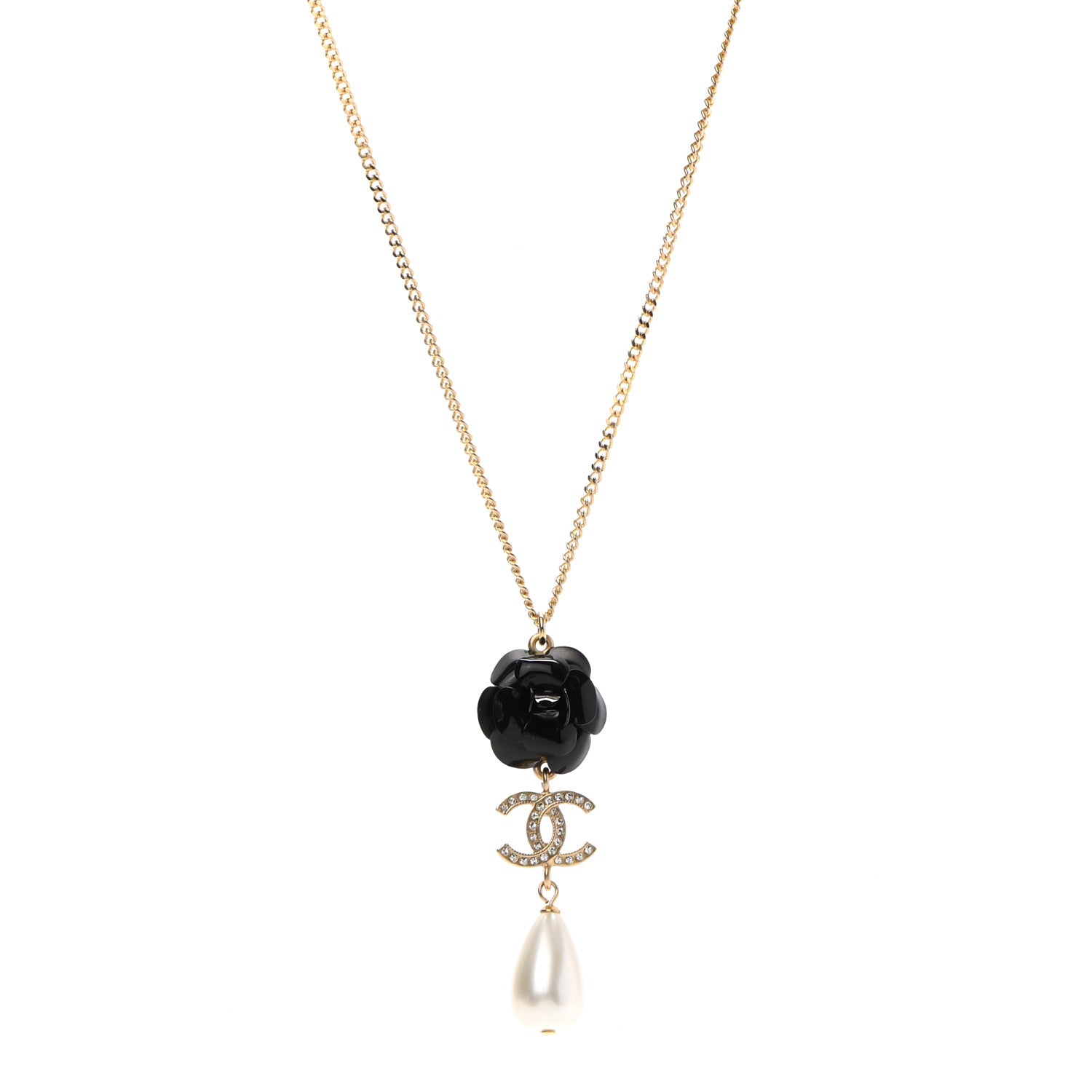Chanel Enamel Crystal Pearl CC Camellia Necklace Gold Black 1 of 5