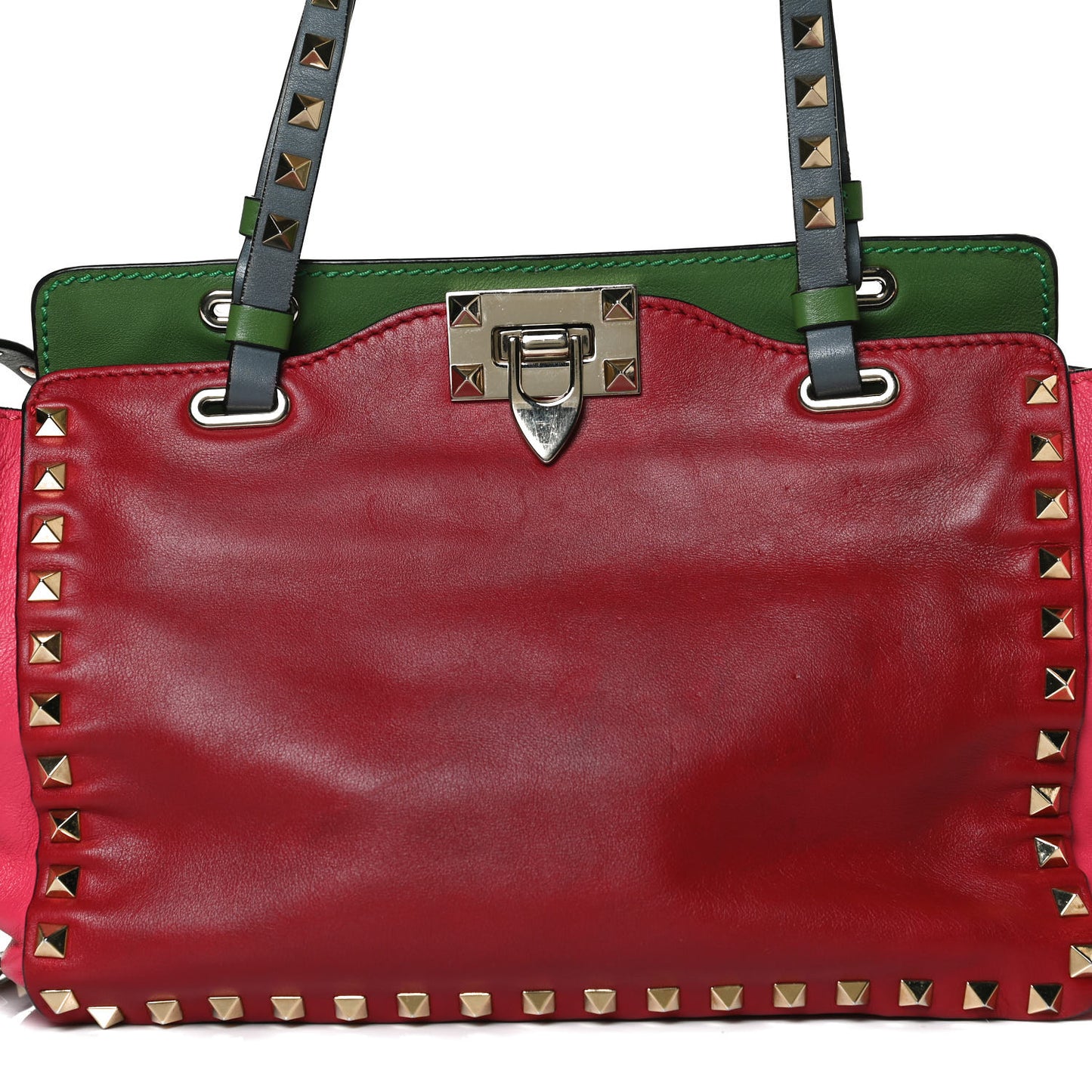 Vitello Colorblock Small Rockstud Tote Deep Rose Clover Grey Scarlet