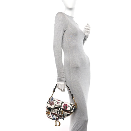 Christian Dior Canvas Embroidered Petites Fleurs Saddle Bag White Multicolor 2 of 11