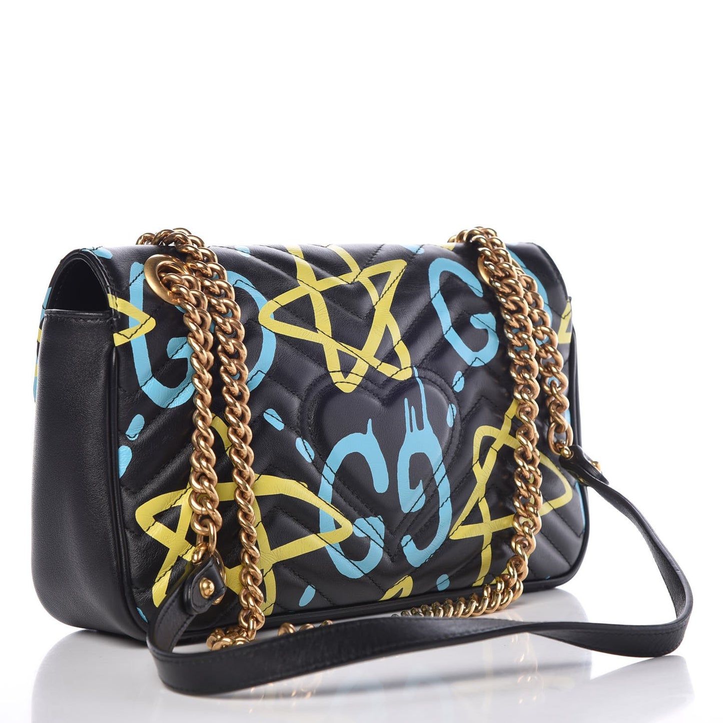 Calfskin Matelasse GucciGhost Small GG Marmont Shoulder Bag Black New Acquamarine