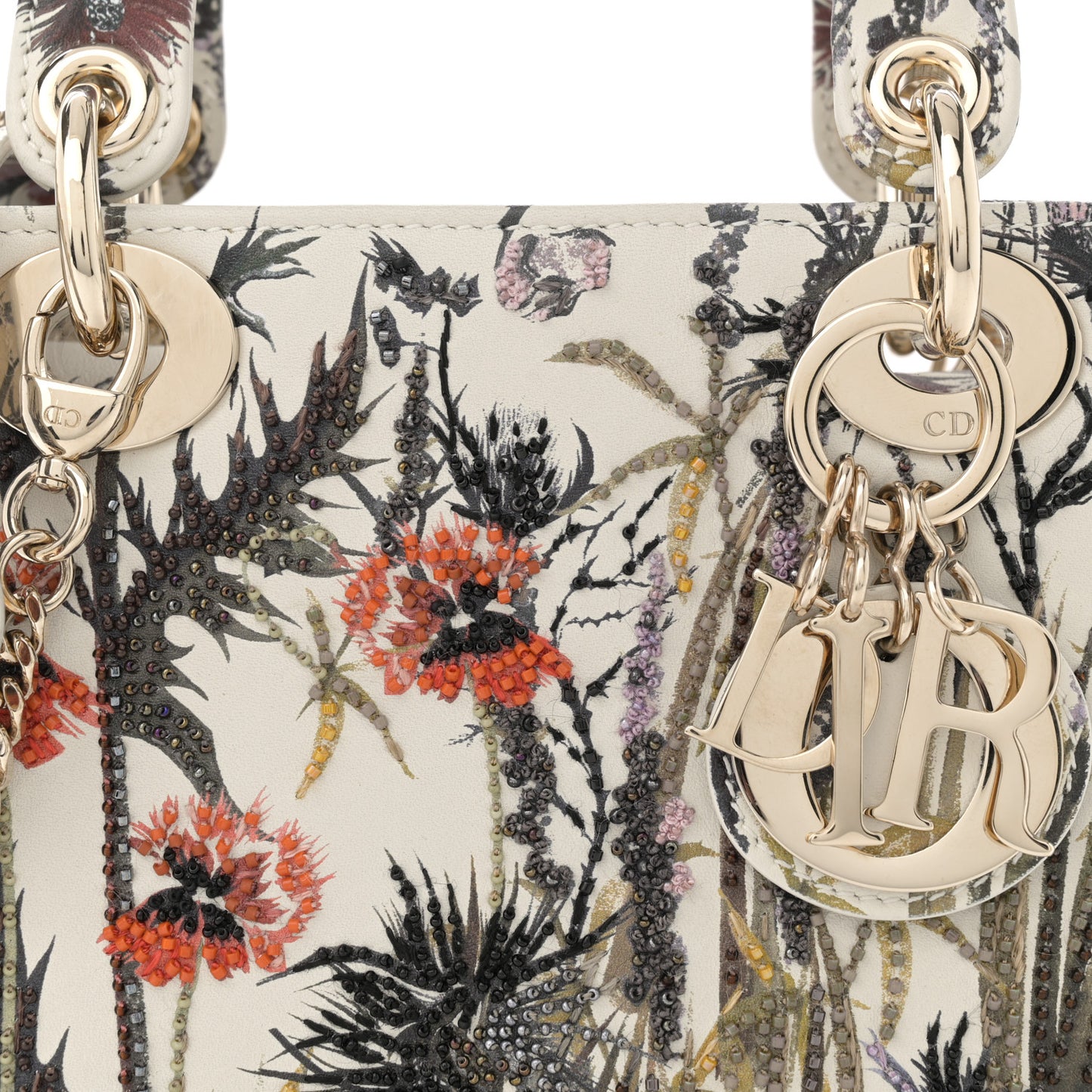 Calfskin Beaded Embroidered Jardin Naturel Mini Lady Dior White Multicolor