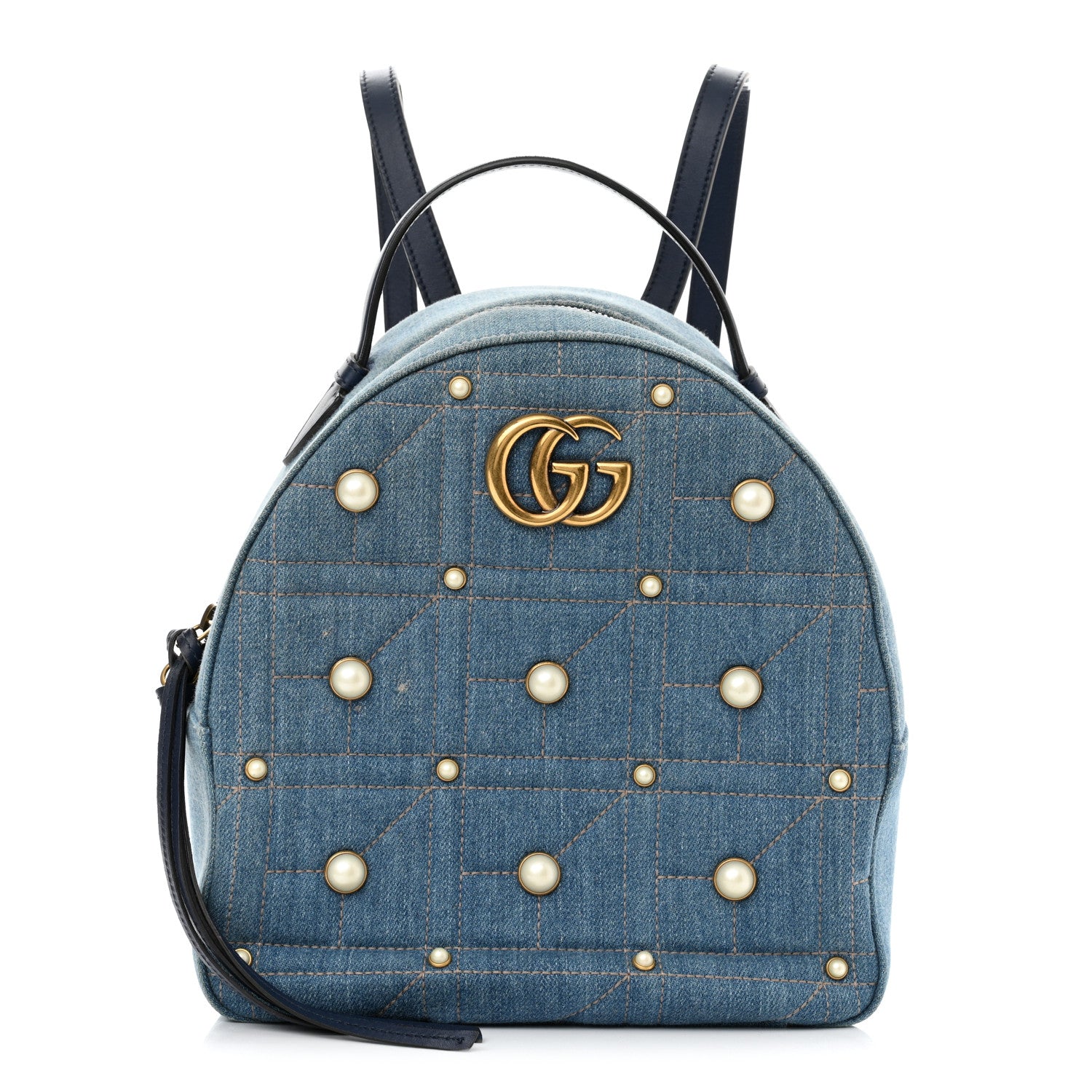 Gucci Kura Denim Matelasse Cubic Pearl Studded GG Marmont Dome Backpack Blue 1 of 10