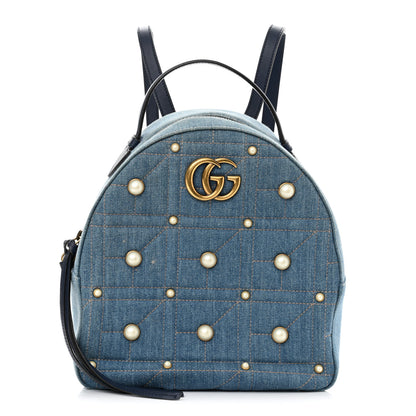 Gucci Kura Denim Matelasse Cubic Pearl Studded GG Marmont Dome Backpack Blue 1 of 10
