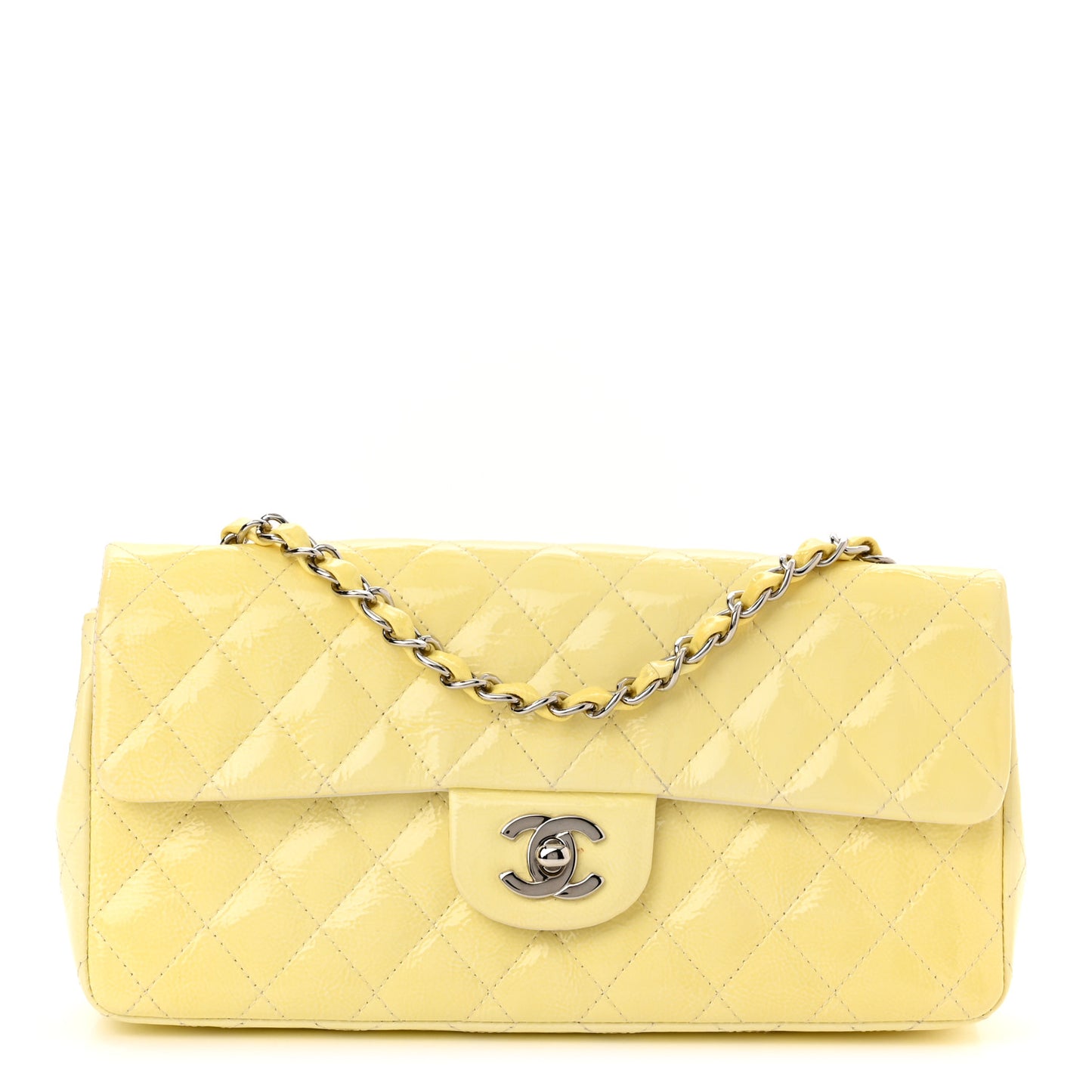 Distressed Patent Calfskin Quilted East West Flap Clutch Ivory
