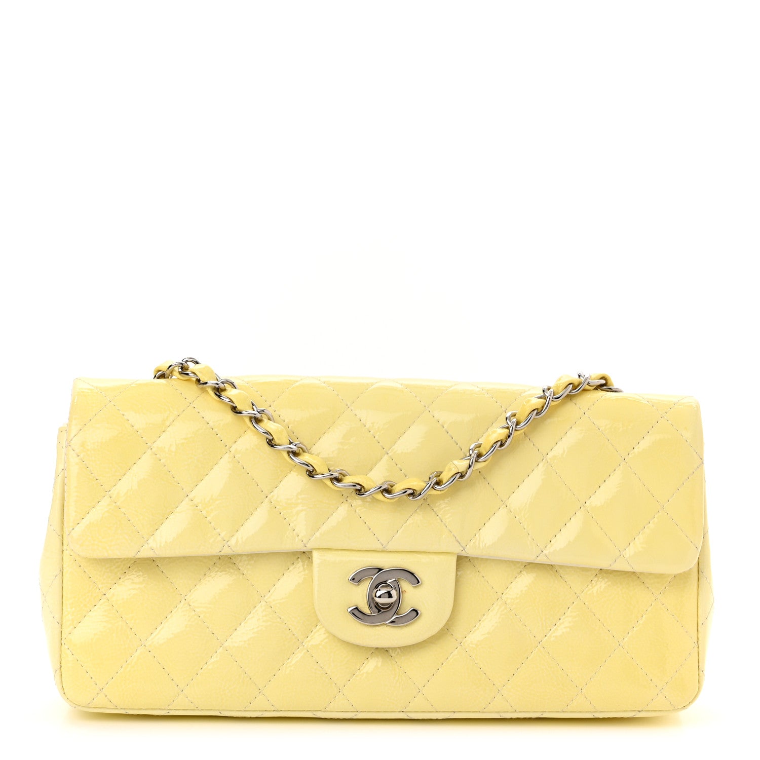 Chanel Distressed Patent Calfskin Quilted East West Flap Clutch Ivory 1 of 12