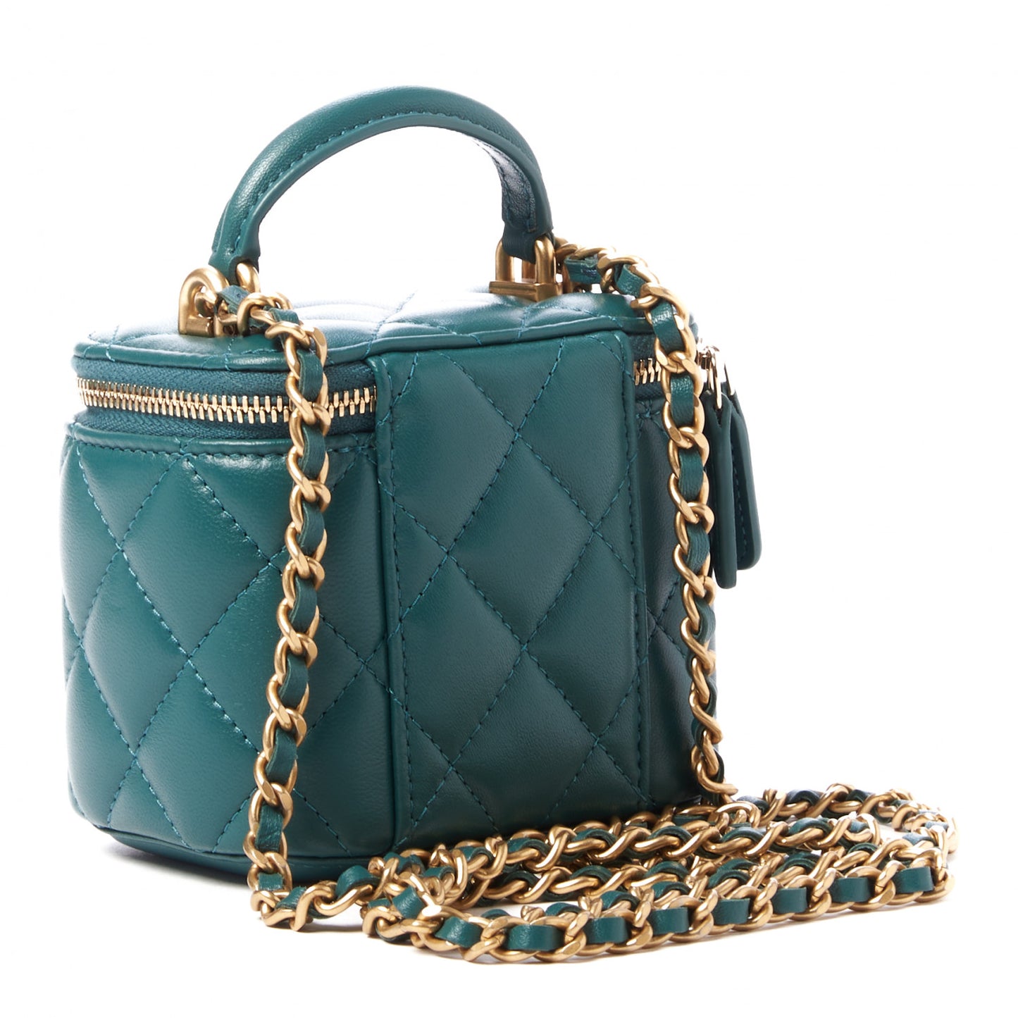 Lambskin Quilted Top Handle Mini Vanity Case With Chain Green