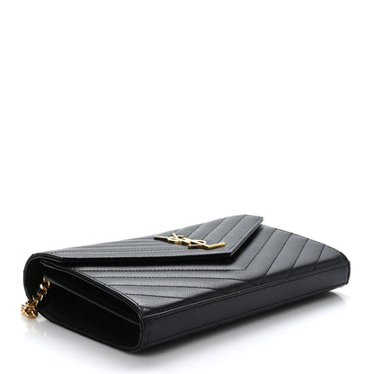 Saint Laurent Grain De Poudre Matelasse Chevron Monogram Chain Wallet Black 4 of 8