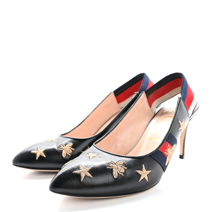Gucci Malaga Kid Web Bee Star Embroidered Sylvie High Heel Slingback Pumps 39 Black 4 of 12