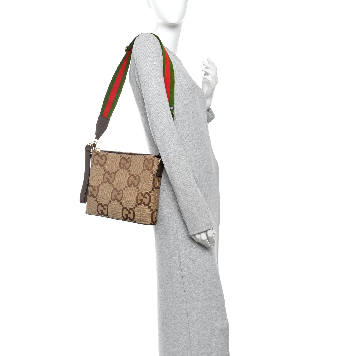 Gucci Monogram Jumbo GG Textured Dollar Calfskin Web Wristlet Messenger Bag  Camel Ebony New Acero 2 of 10